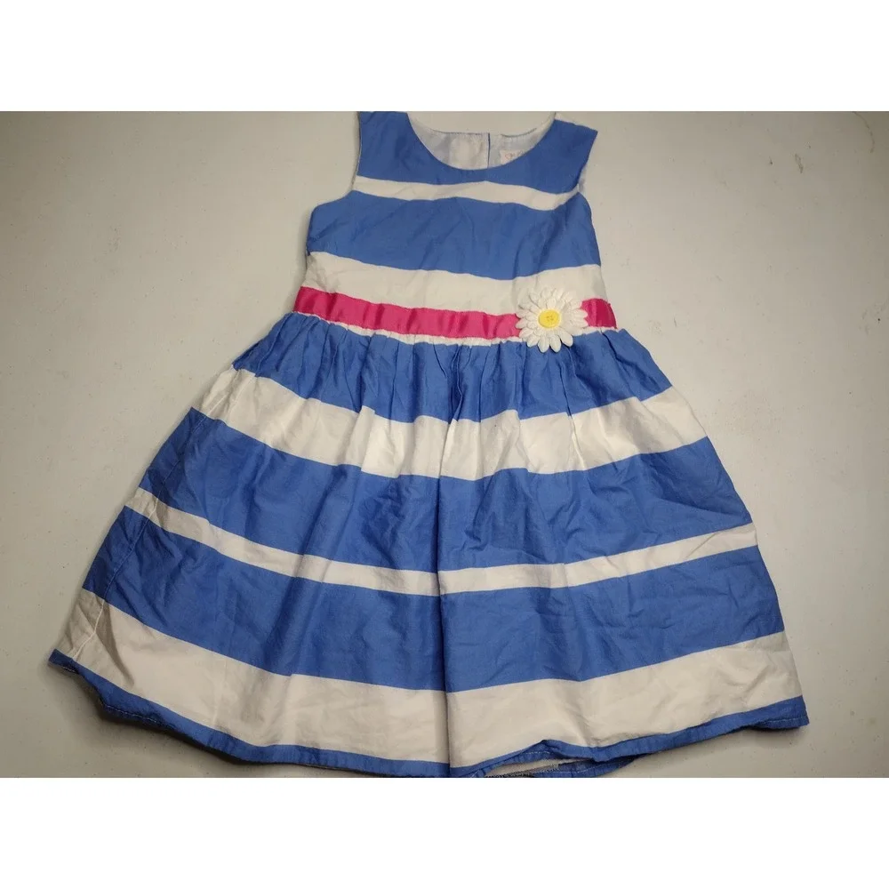 The Childrens Place Girls Blue White Striped Daisy Dress Pink Ribbon 4T - Picture 1 of 6